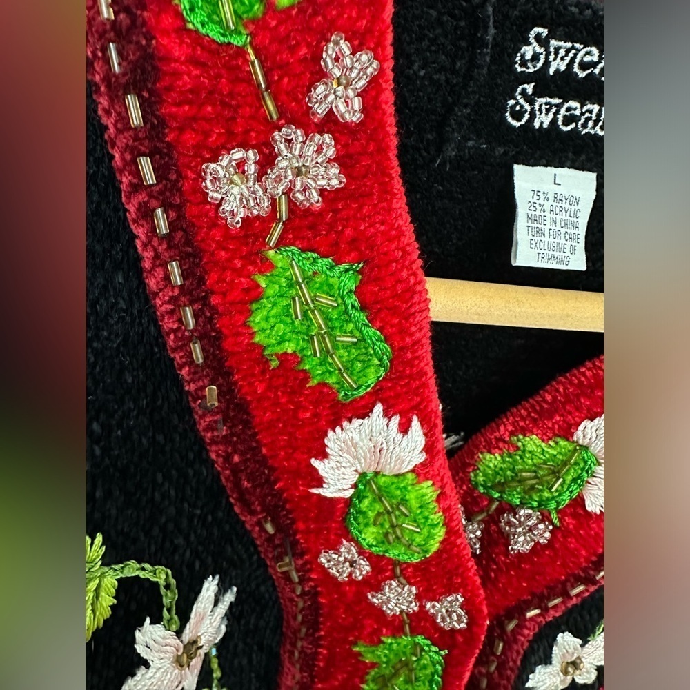 Vintage Chenille Holiday Decor Beaded Embroidered Christmas Cardigan Sz L - Picture 11 of 12